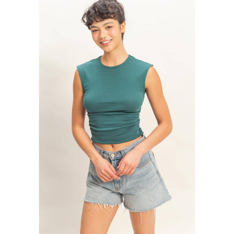 HYFYVE Ruched Waist Cap Sleeve Top