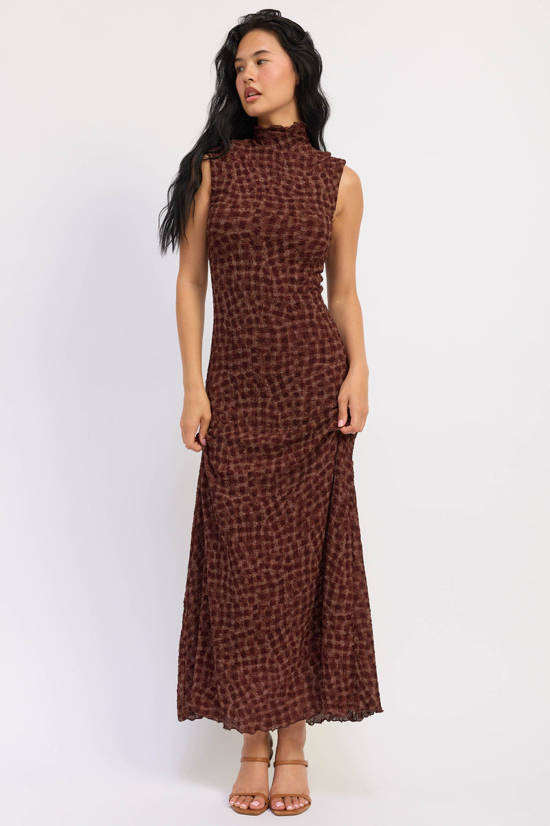EMORY PARK SMOCKED MAXI RUFFLE DRESS WITH MOCK NECK