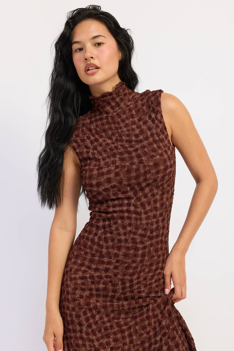 EMORY PARK SMOCKED MAXI RUFFLE DRESS WITH MOCK NECK