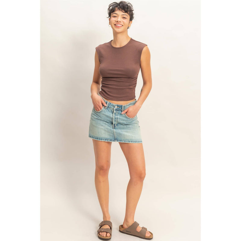 HYFYVE Ruched Waist Cap Sleeve Top