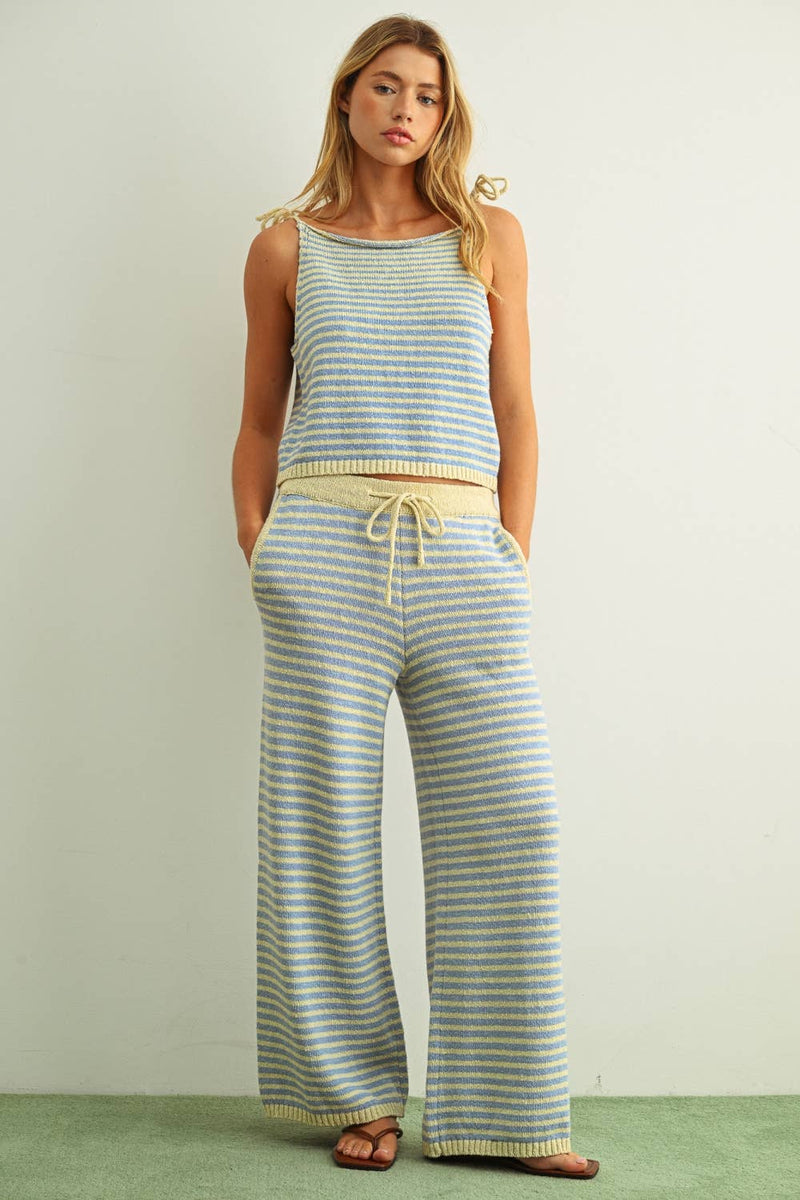 Miou Muse Stripe Pattern Tied Sleeve Knitted Top Matching Bottom