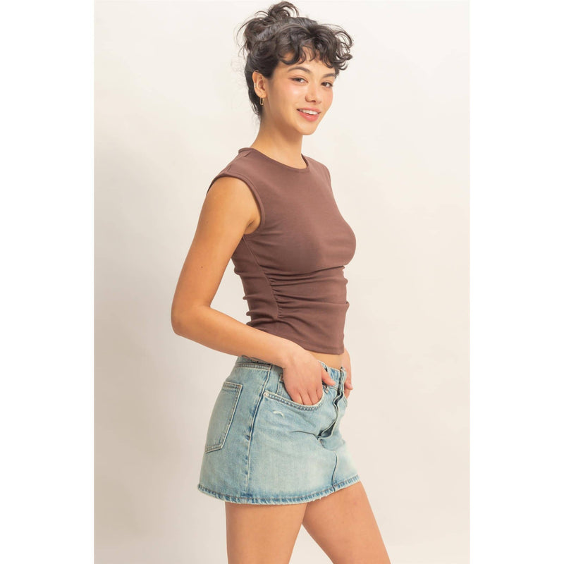 HYFYVE Ruched Waist Cap Sleeve Top