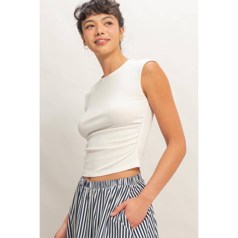 HYFYVE Ruched Waist Cap Sleeve Top