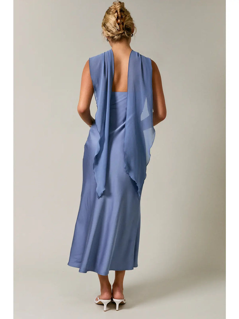 Le Lis Strapless Contrast Scarf Midi Dress Dusty Blue