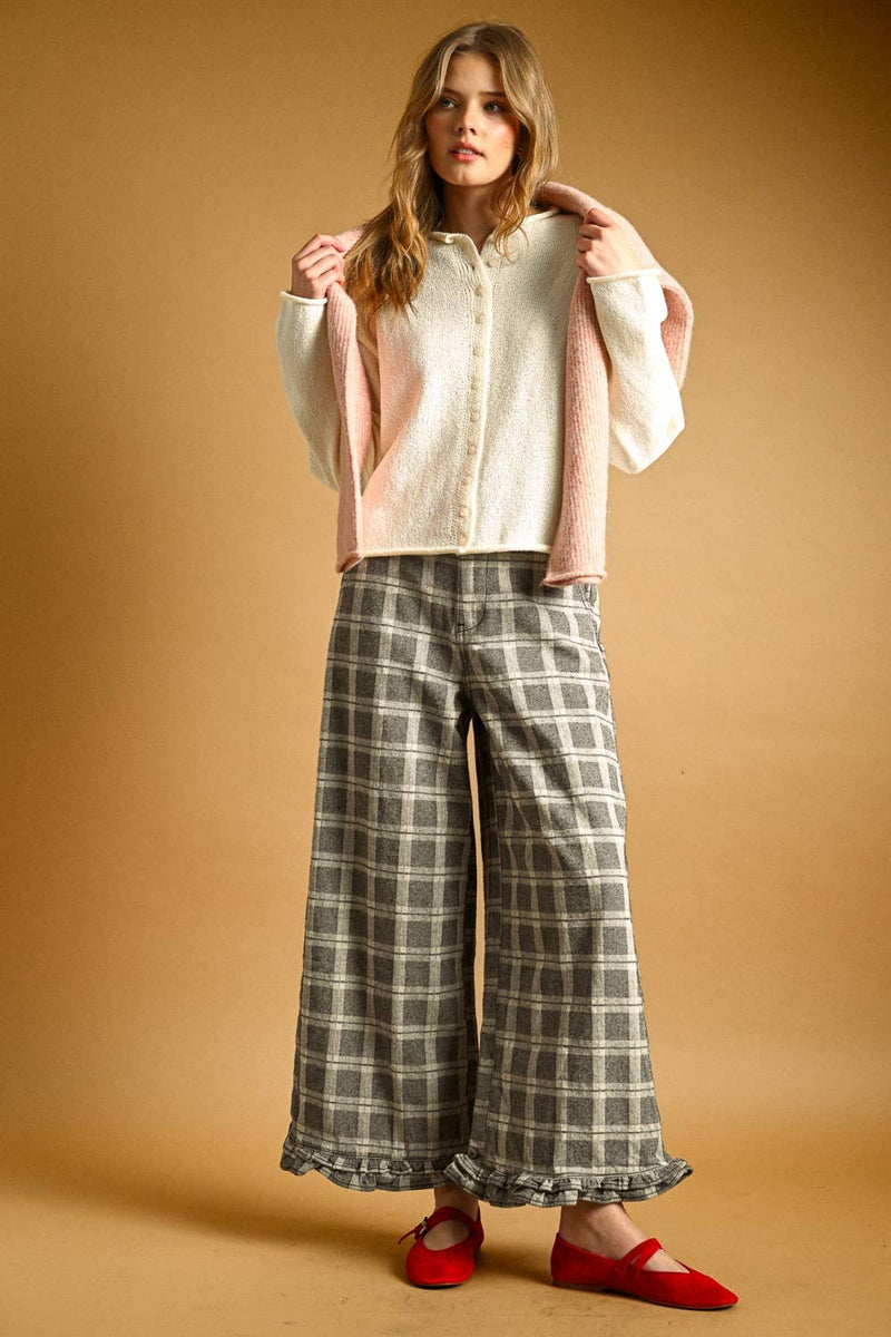 Miou Muse Plaid Pants with Ruffle Hem