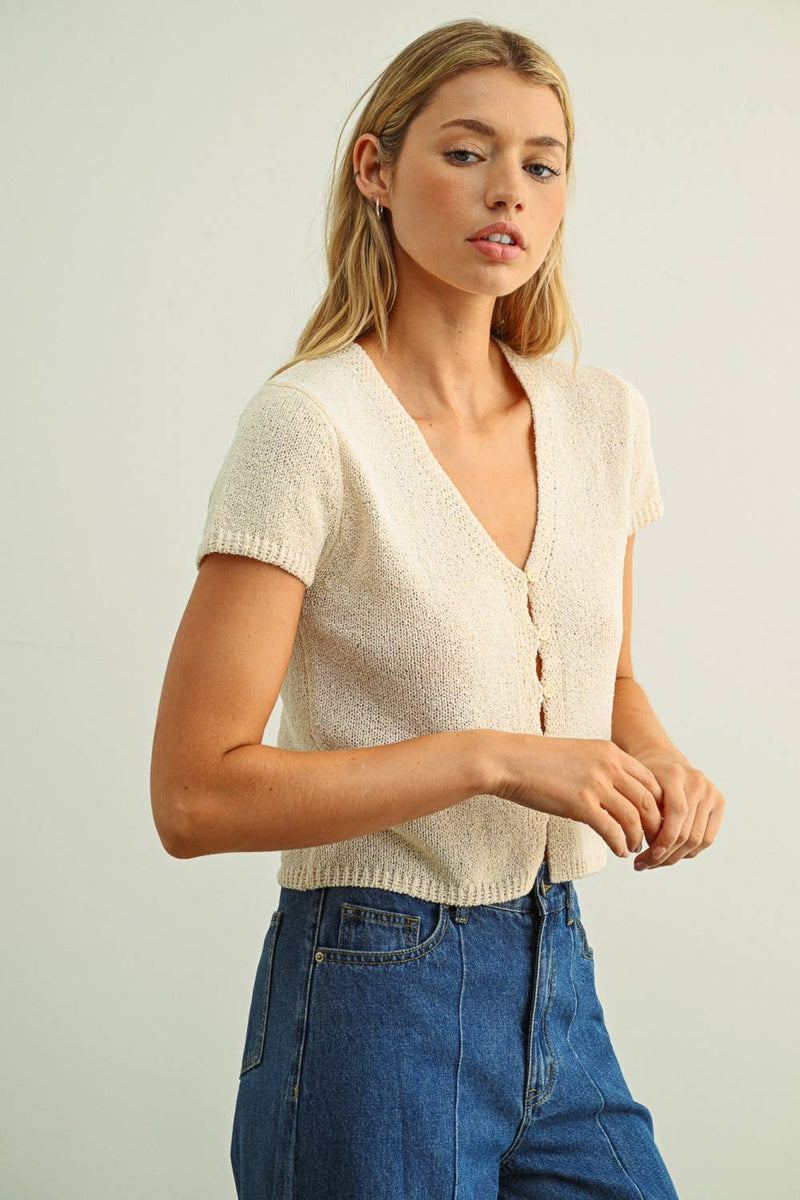 Miou Muse Cap Sleeve Button Front Top