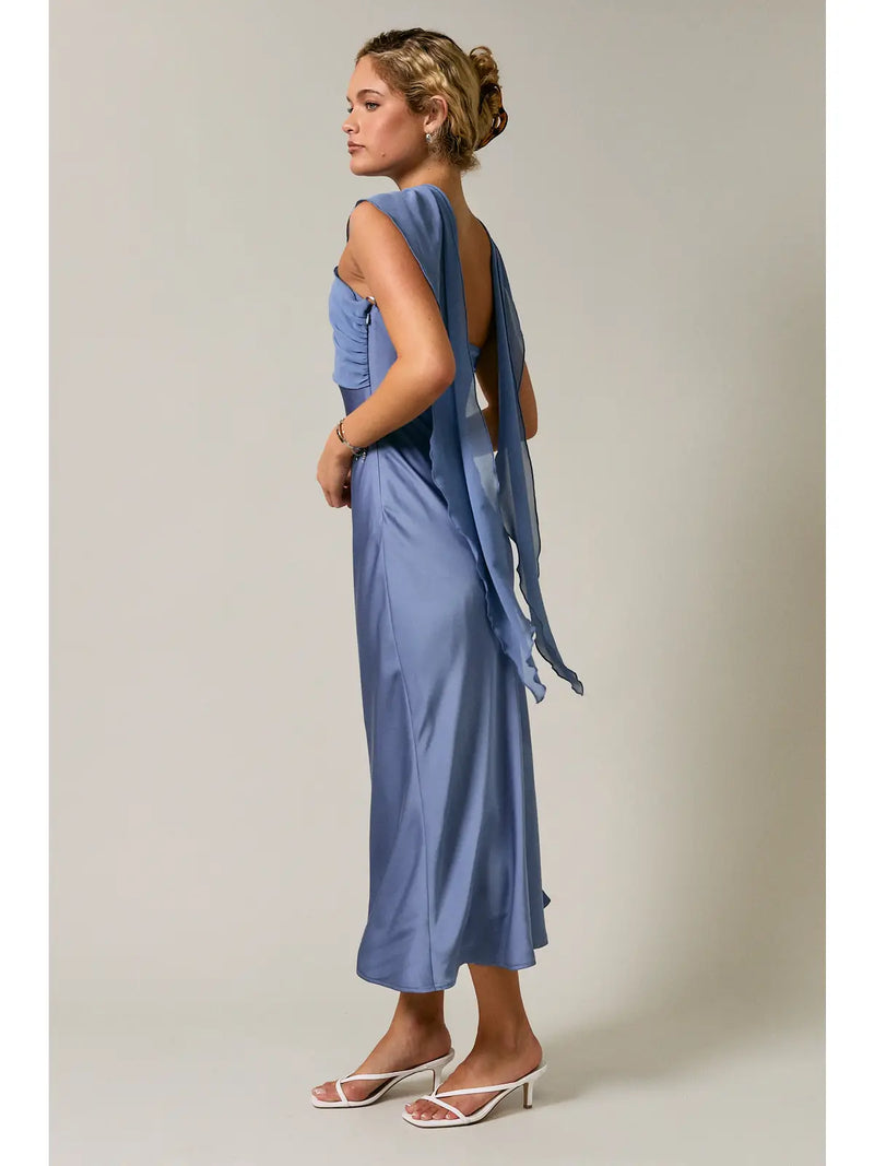 Le Lis Strapless Contrast Scarf Midi Dress Dusty Blue