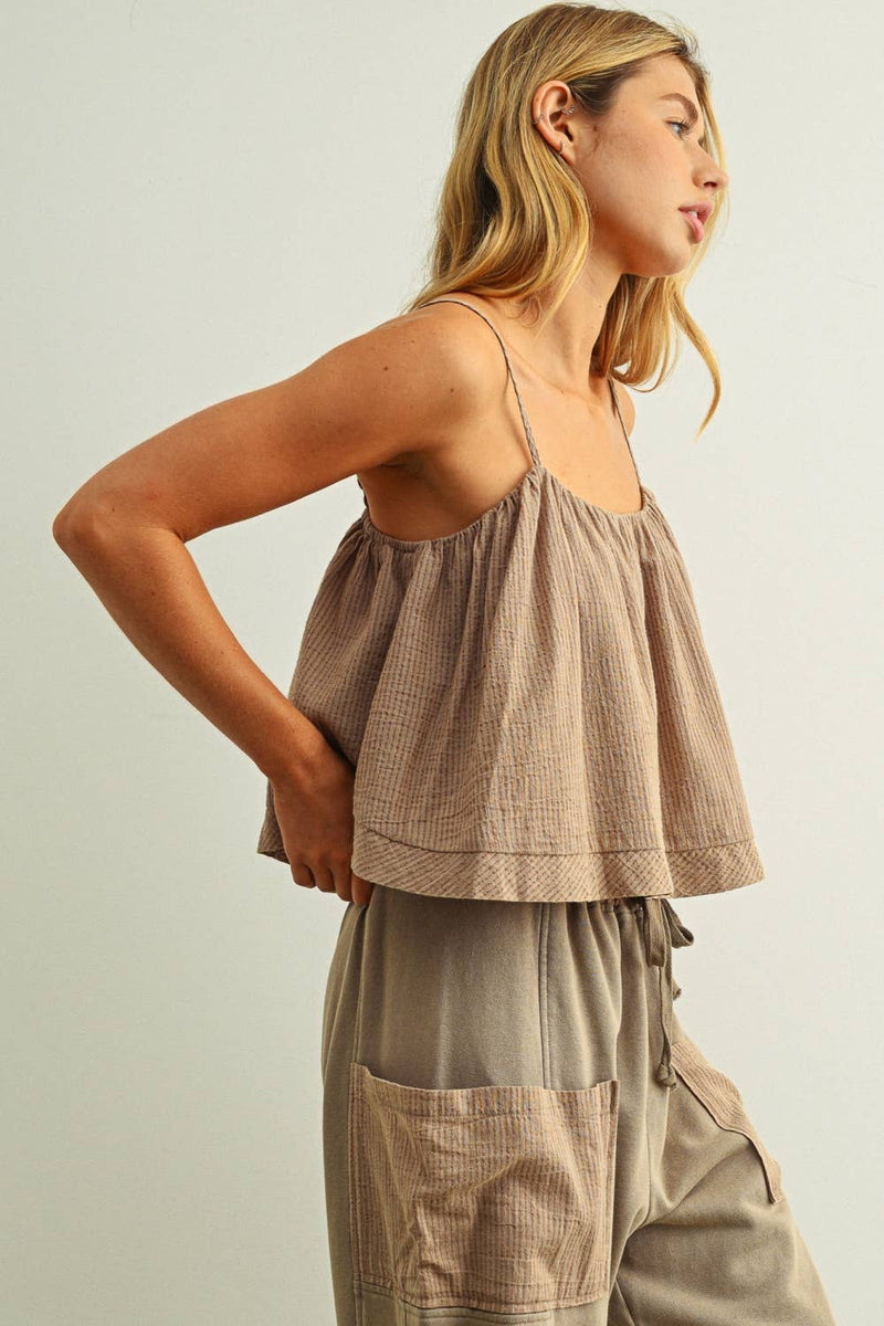 Miou Muse Striped Pattern Spaghetti Strap Swing Top