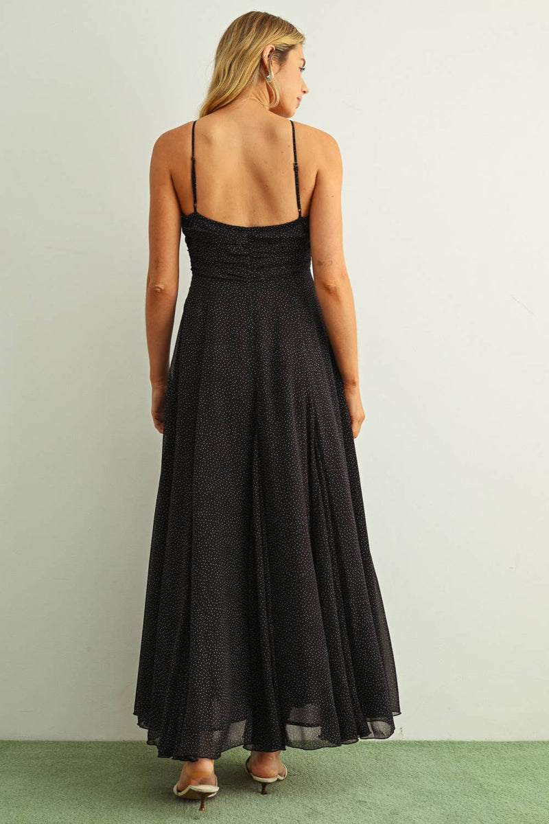 Miou Muse Mini Polka Dot Printed Chiffon Maxi Dress