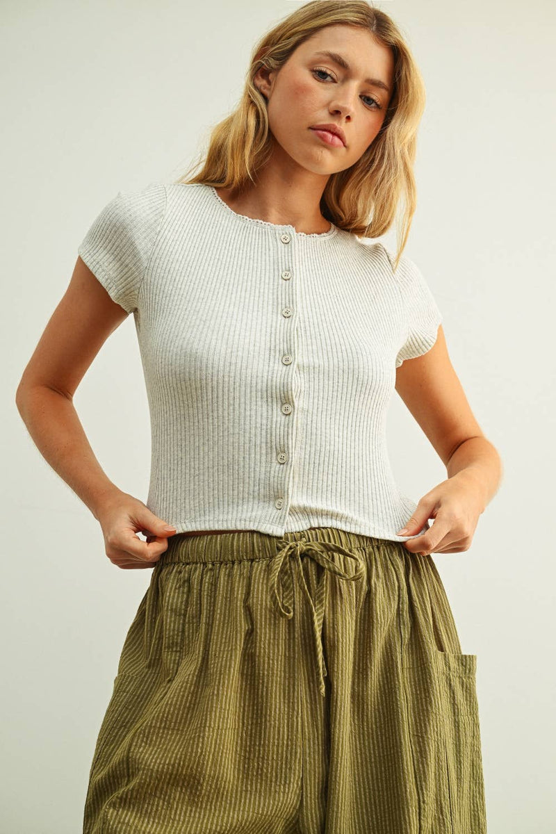 Miou Muse Button Front Short Sleeve Top
