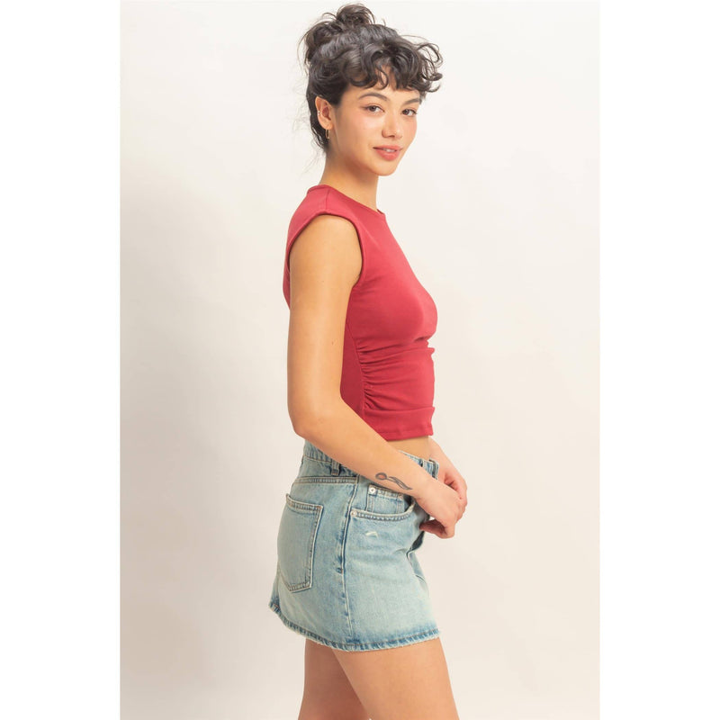 HYFVE Ruched Waist Cap Sleeve Top