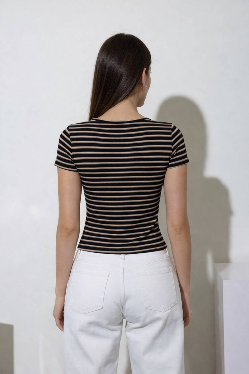 The Workshop MULTI-COLOR STRIPE SHORT SLEEVE BUTTON KNIT TOP (PRE-ORDER)