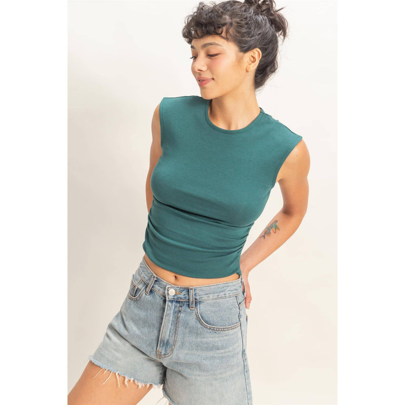 HYFYVE Ruched Waist Cap Sleeve Top