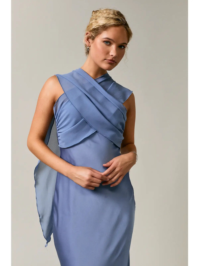 Le Lis Strapless Contrast Scarf Midi Dress Dusty Blue