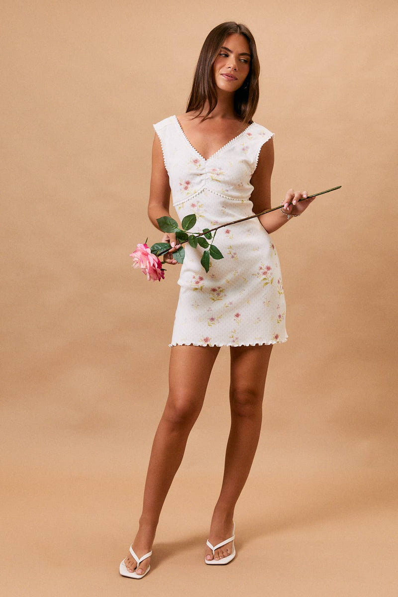 Le Lis SLEEVELESS V-NECK LACE TRIM DETAIL POINTELLE MINI DRESS