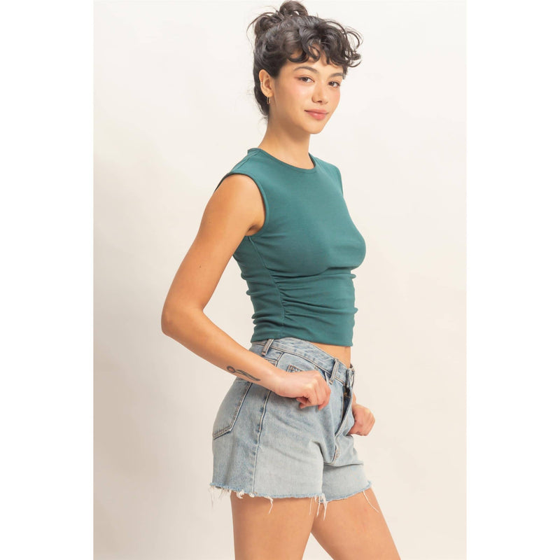 HYFYVE Ruched Waist Cap Sleeve Top