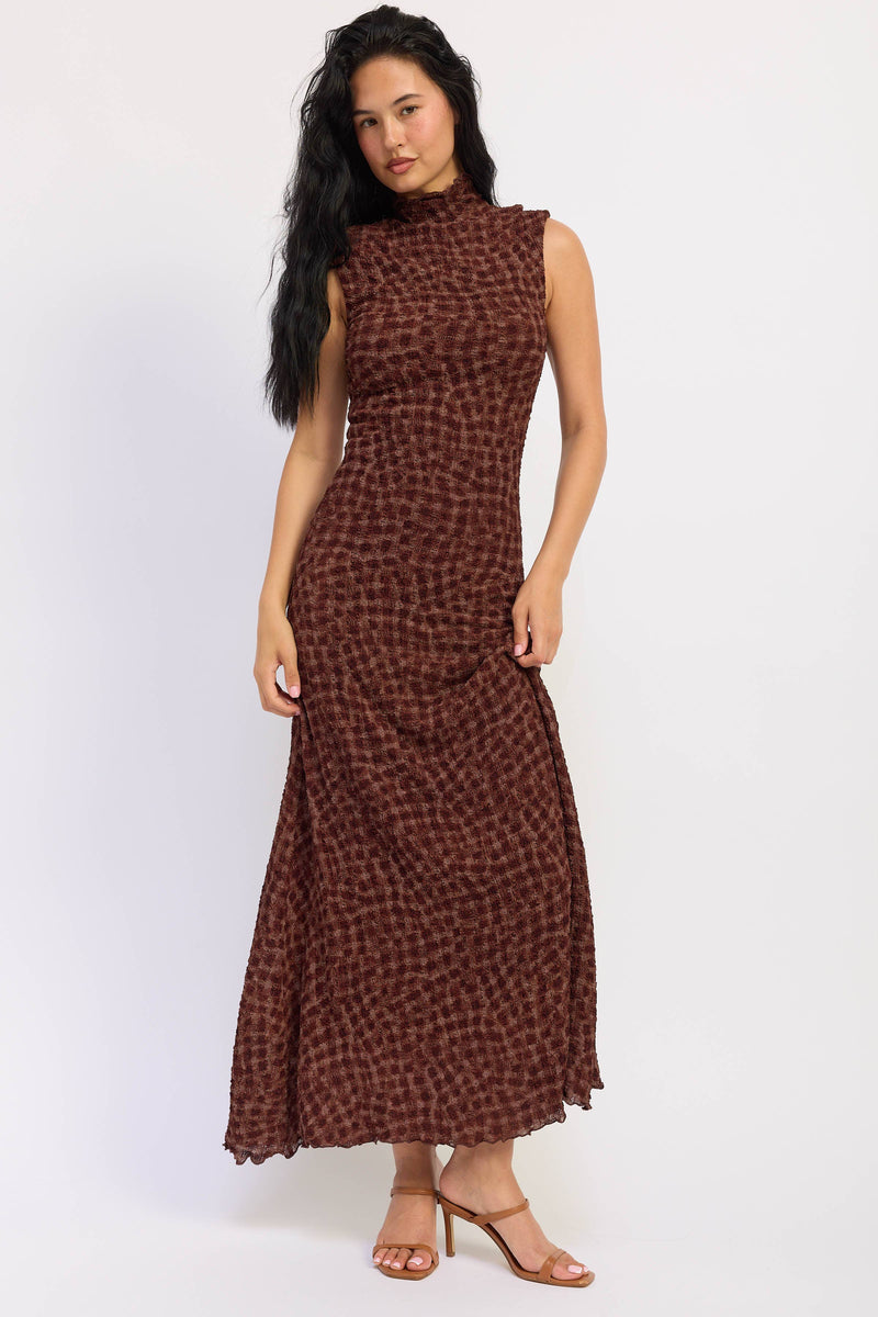 EMORY PARK SMOCKED MAXI RUFFLE DRESS WITH MOCK NECK