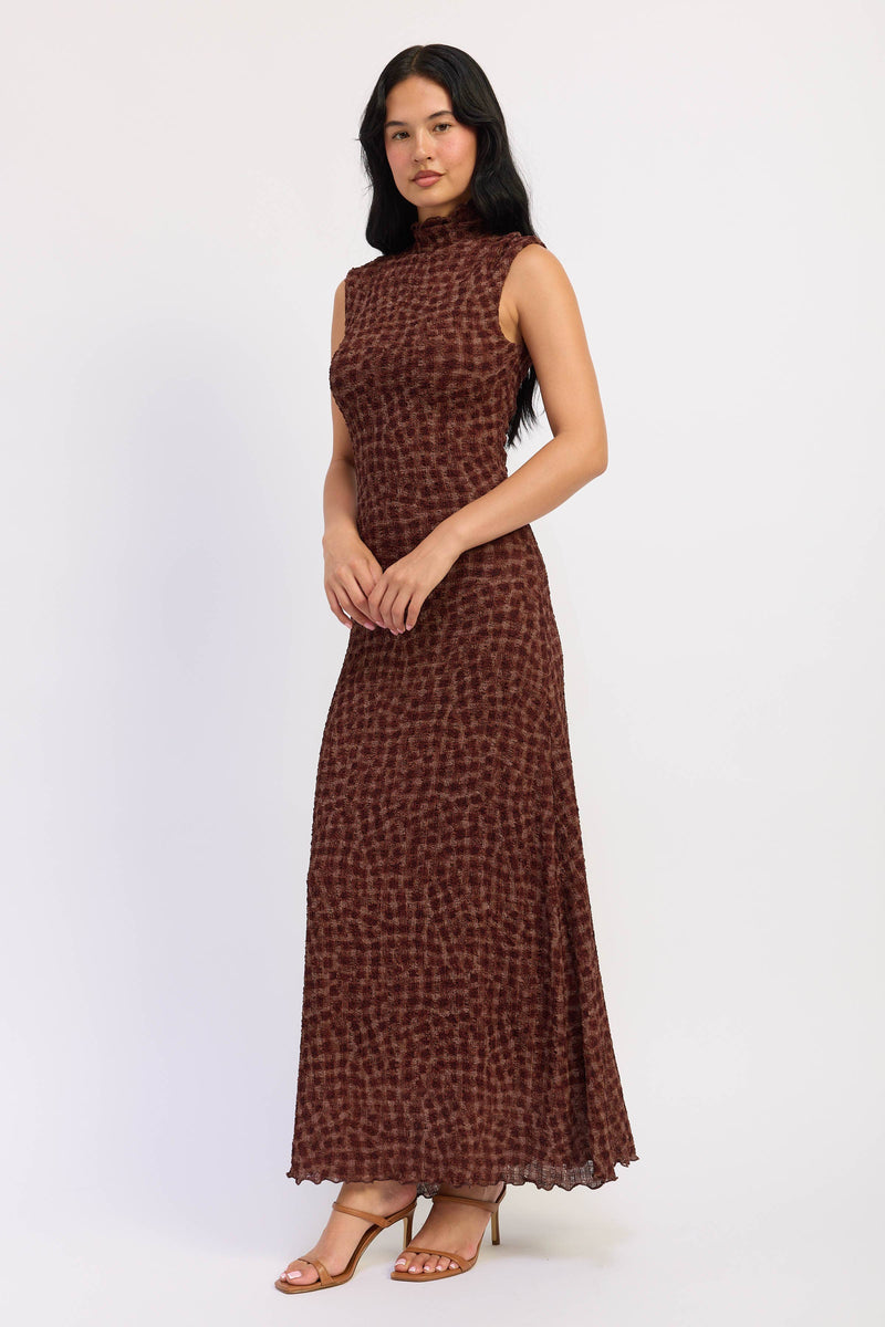 EMORY PARK SMOCKED MAXI RUFFLE DRESS WITH MOCK NECK