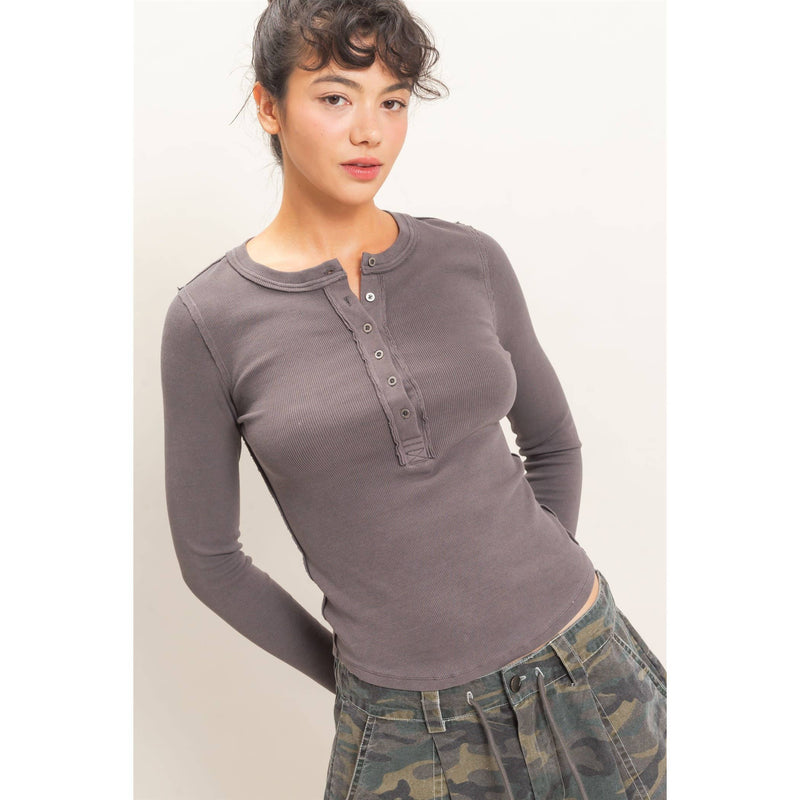 HYFVE Pigment Dye Henley Long Sleeve Top