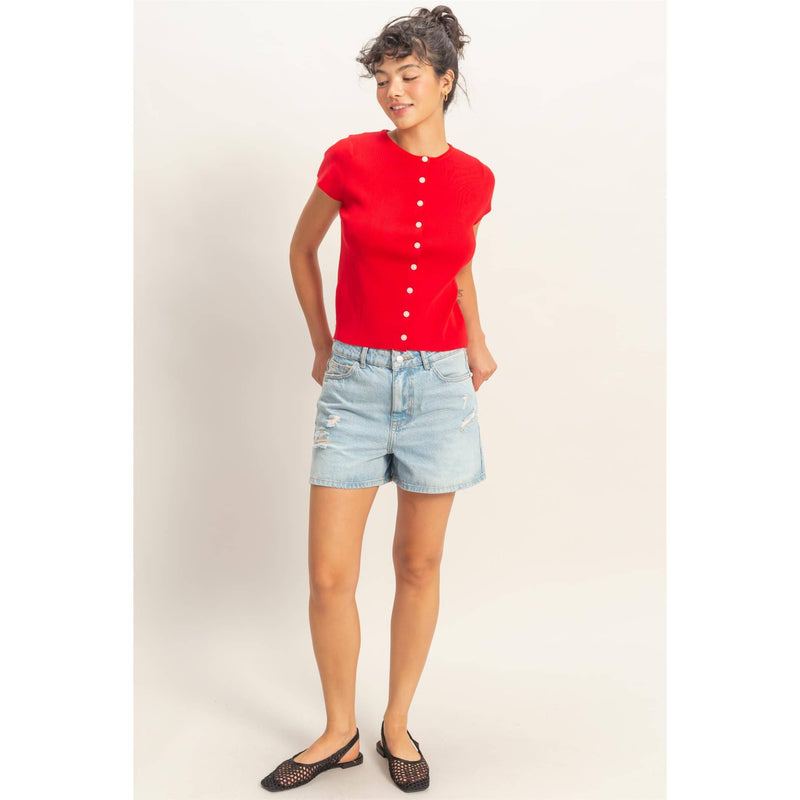 HYFVE Button Front Short Sleeve Knit Top