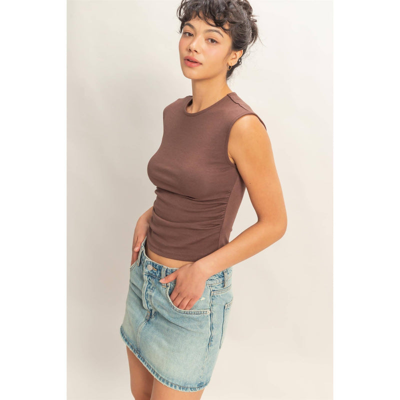 HYFYVE Ruched Waist Cap Sleeve Top