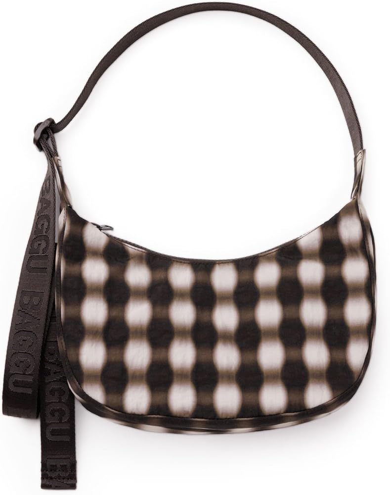 Baggu Small Nylon Crescent Blurred Gingham Brown
