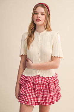 &merci Pointelle Scallop Short Sleeve Cardigan