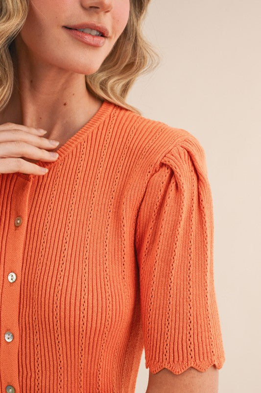 &merci Pointelle Scallop Short Sleeve Cardigan