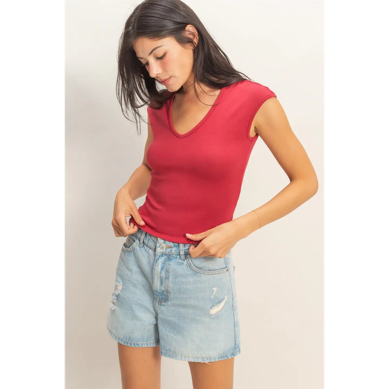 Double Zero V-Neck Cap Sleeve Top