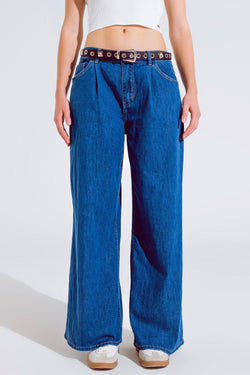 Q2 Boyfriend Wideleg Five Pocket Jeans in Dark Wash