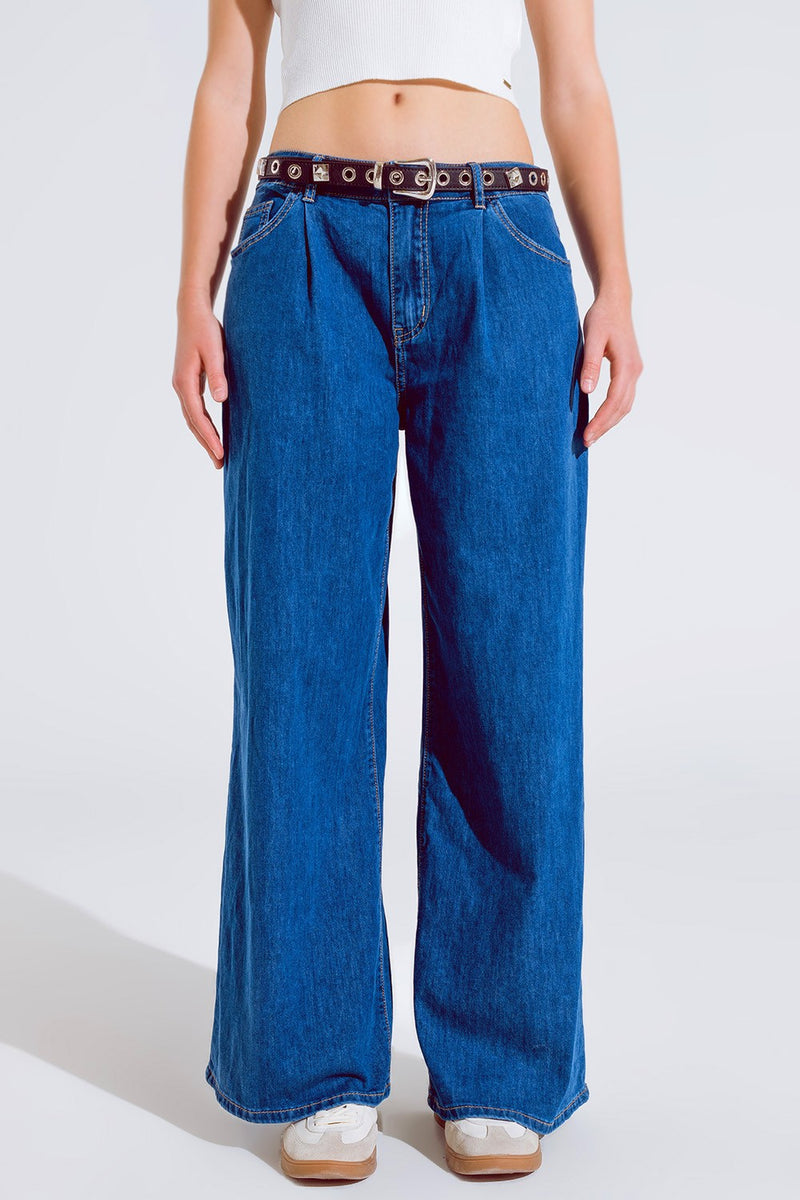 Q2 Boyfriend Wideleg Five Pocket Jeans in Dark Wash