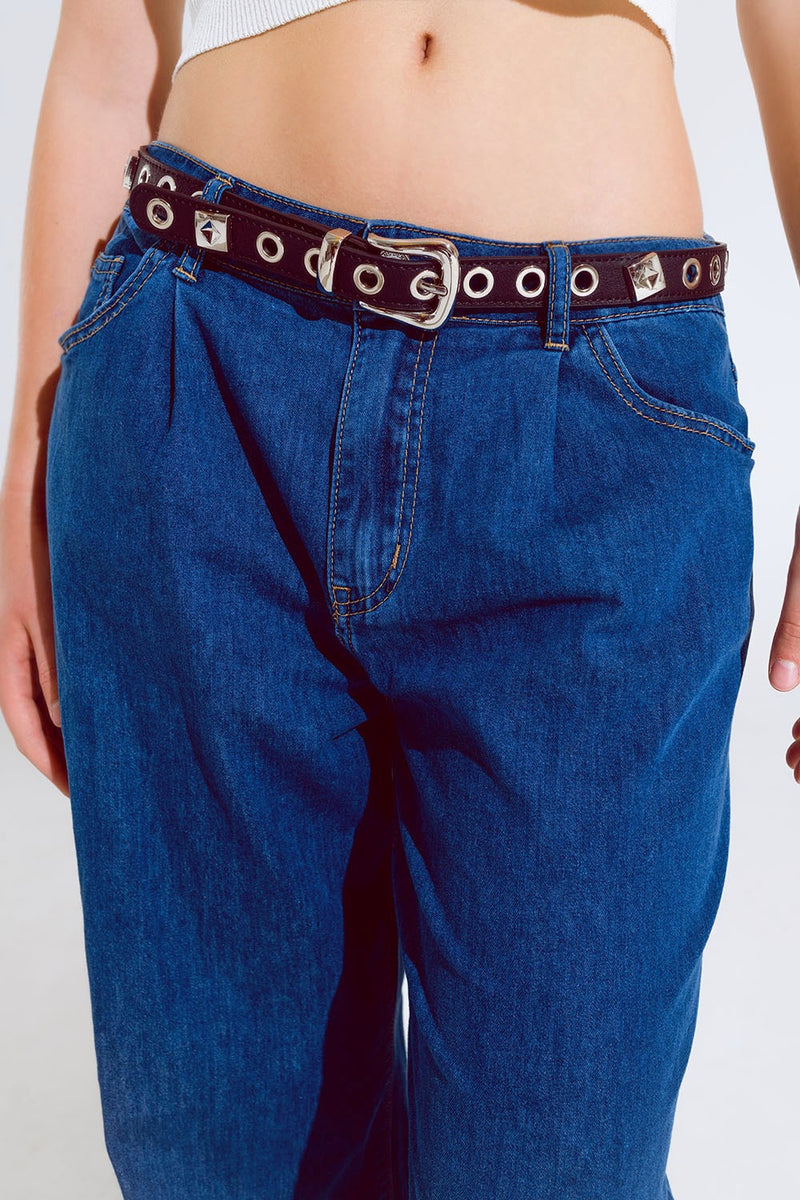 Q2 Boyfriend Wideleg Five Pocket Jeans in Dark Wash