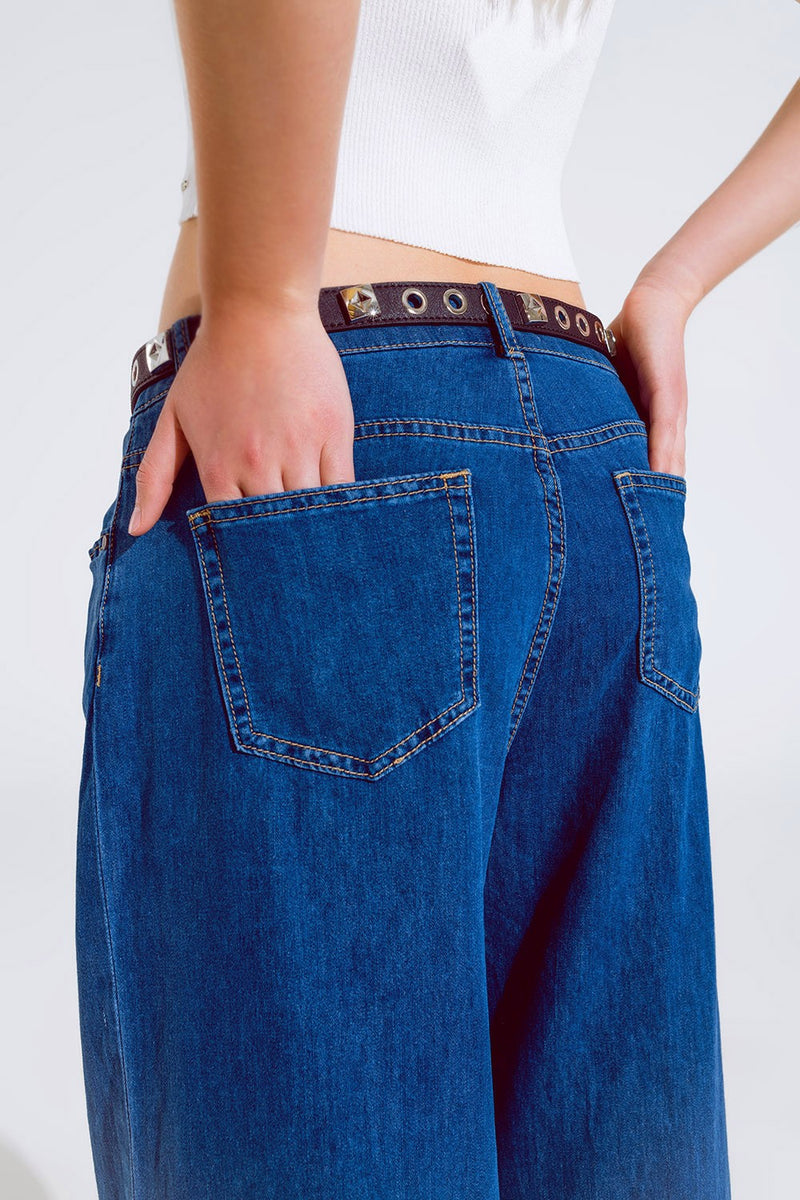 Q2 Boyfriend Wideleg Five Pocket Jeans in Dark Wash