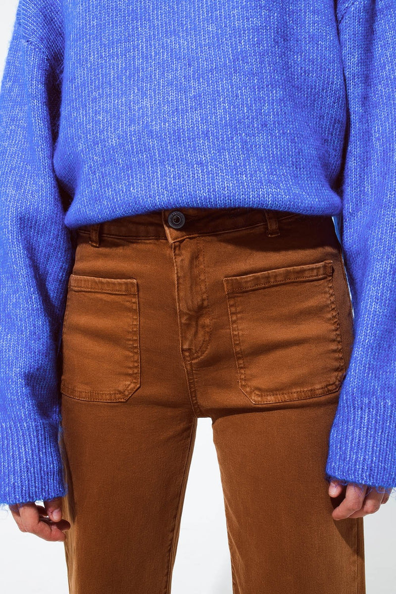 Q2 High Waisted Front Pockets Flare Jeans in Camel