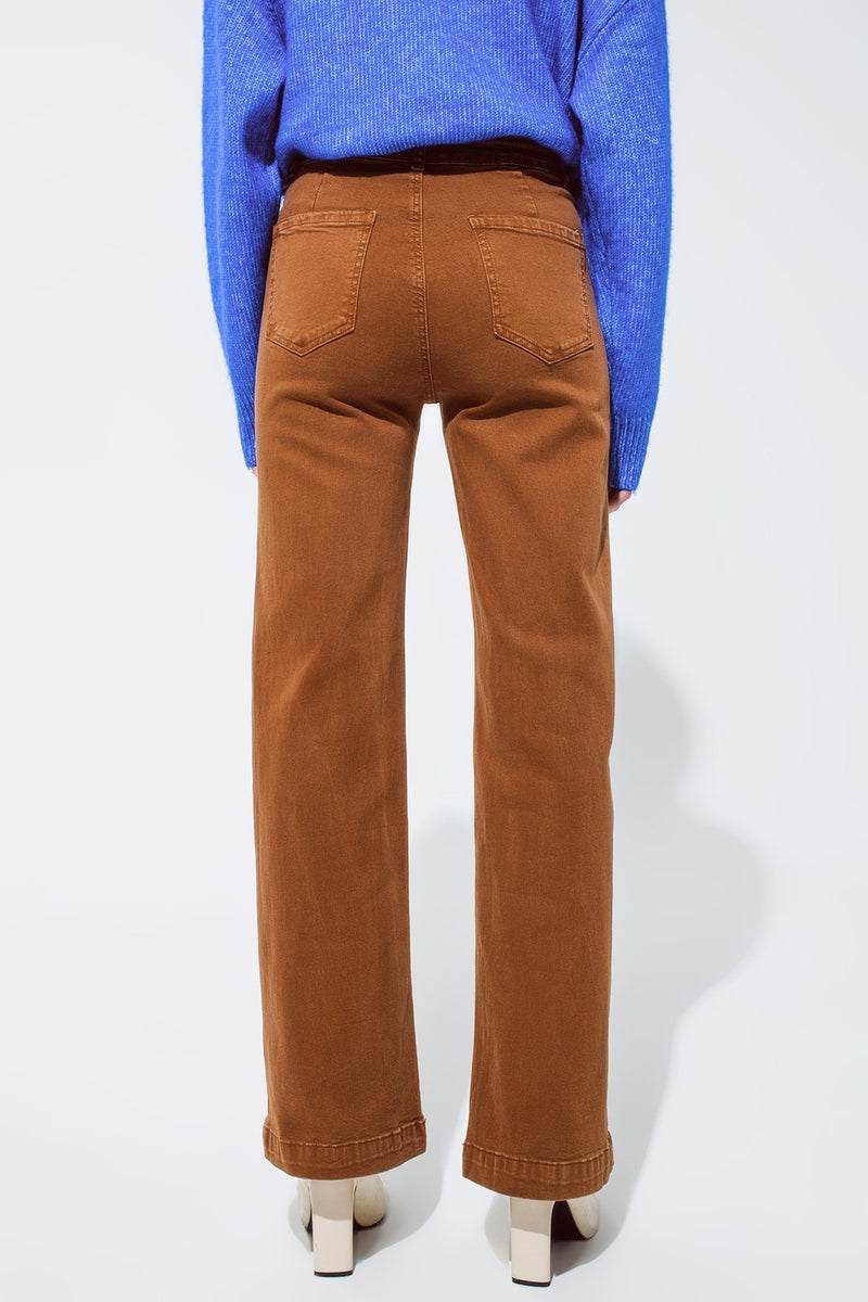 Q2 High Waisted Front Pockets Flare Jeans in Camel
