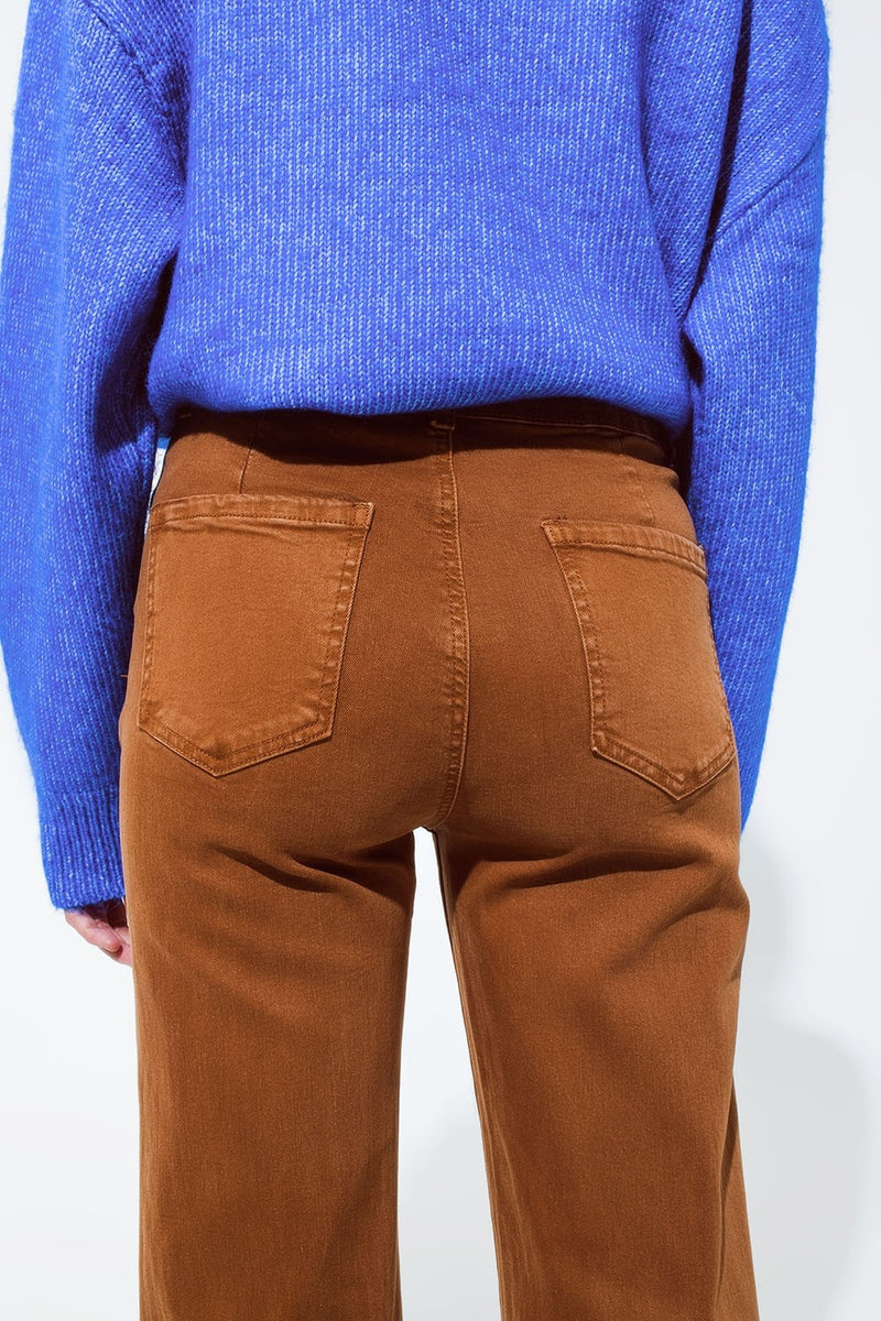 Q2 High Waisted Front Pockets Flare Jeans in Camel