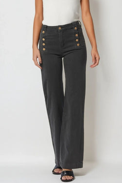 Q2 Straight Leg Jeans with Gold Buttons in Dark Grey