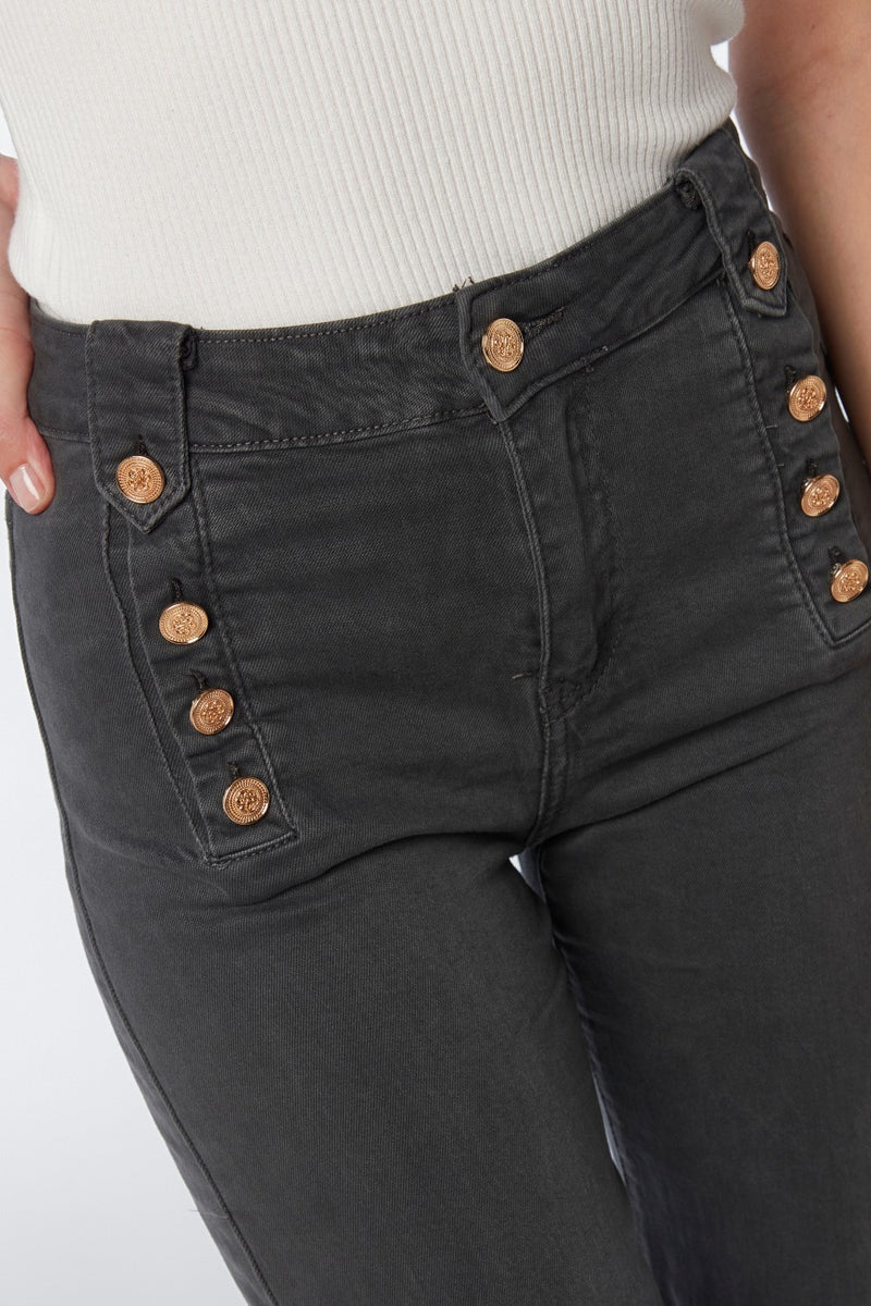 Q2 Straight Leg Jeans with Gold Buttons in Dark Grey