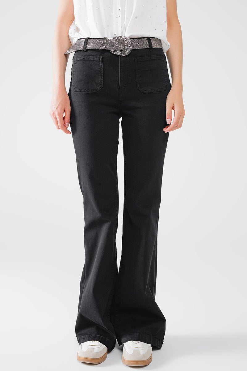 Q2 Black Skinny Flared Jeans with Front Pocket Detail