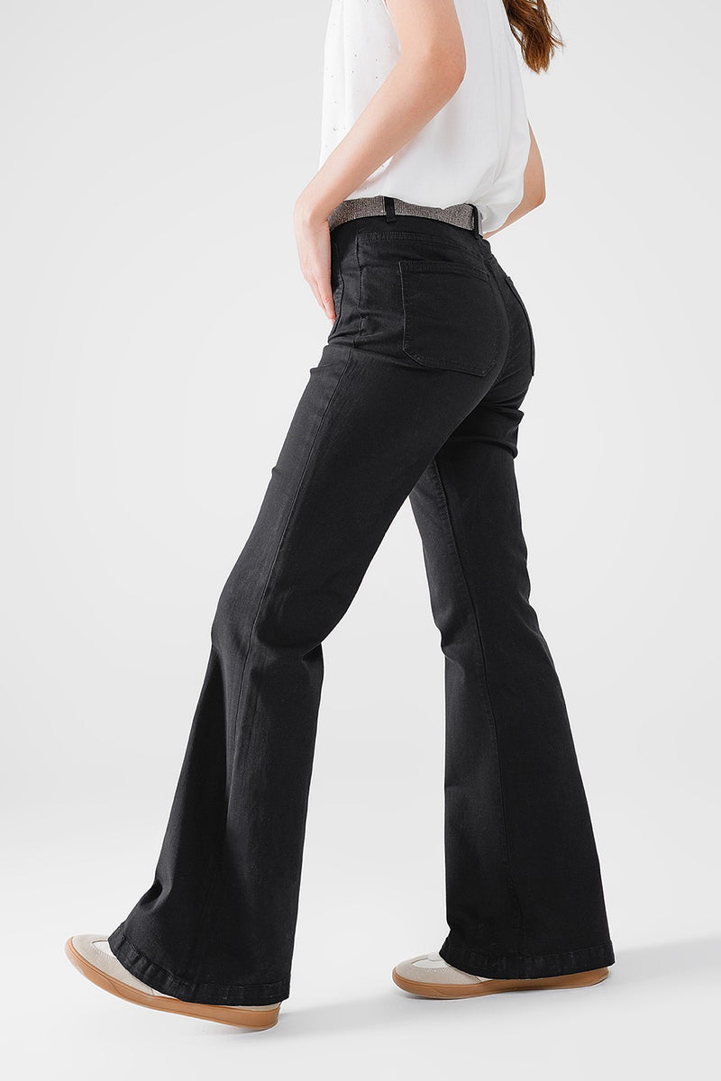 Q2 Black Skinny Flared Jeans with Front Pocket Detail