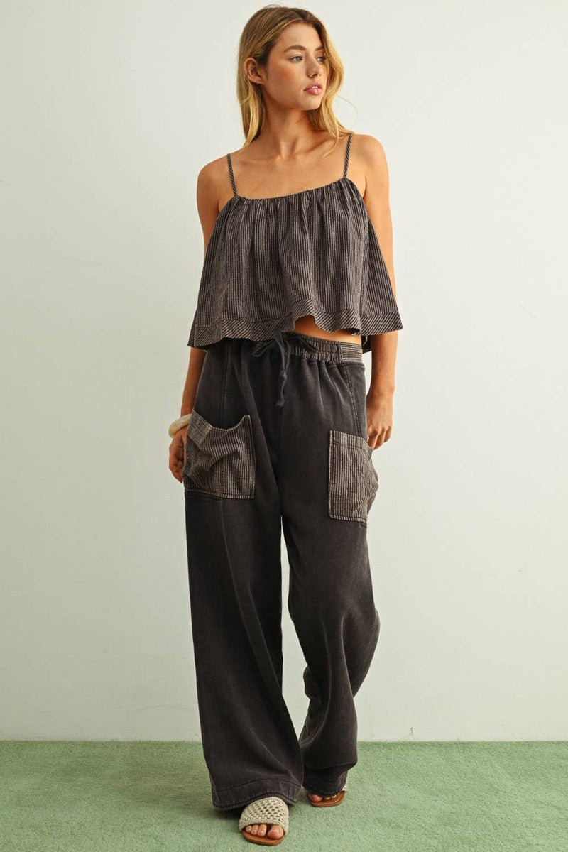 Miou Muse Striped Pattern Spaghetti Strap Swing Top