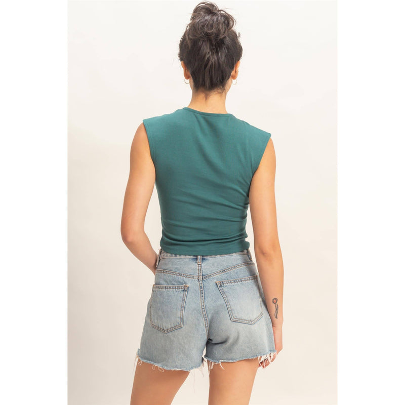 HYFYVE Ruched Waist Cap Sleeve Top