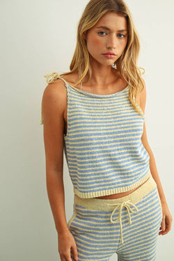 Miou Muse Stripe Pattern Tied Sleeve Knitted Top Matching Bottom