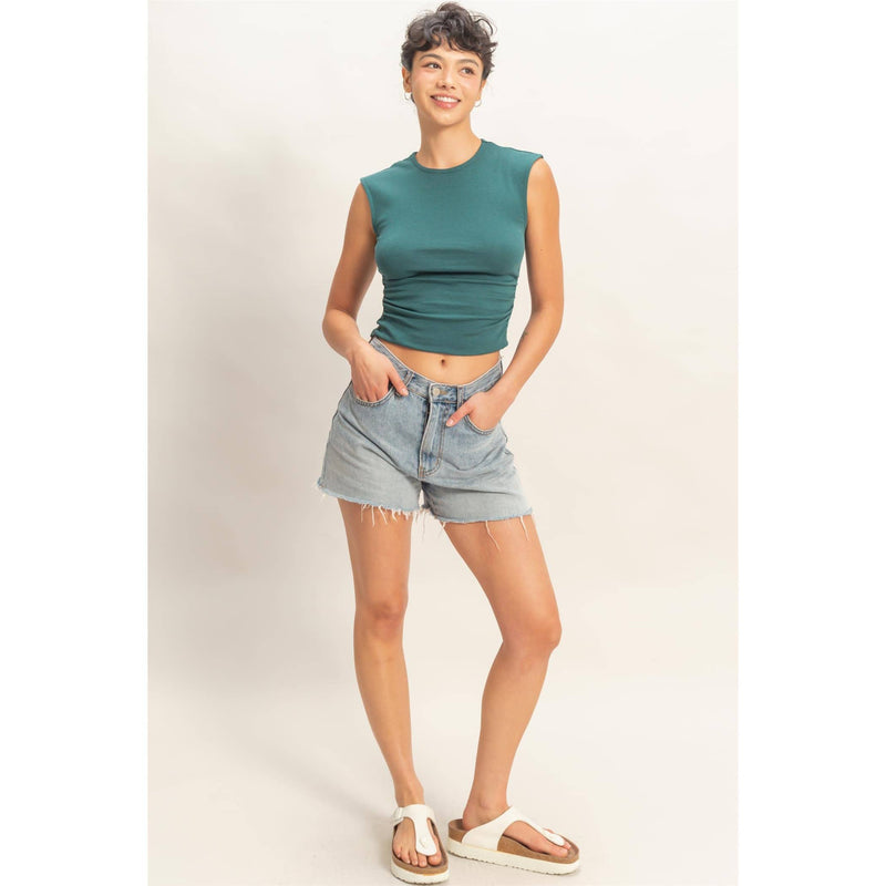HYFYVE Ruched Waist Cap Sleeve Top