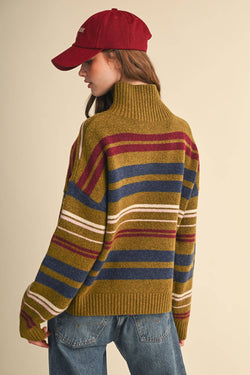 &Merci STRIPED MOCK NECK ZIP UP CARDIGAN