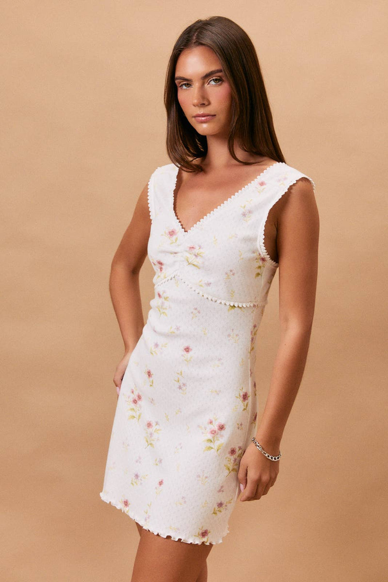 Le Lis SLEEVELESS V-NECK LACE TRIM DETAIL POINTELLE MINI DRESS