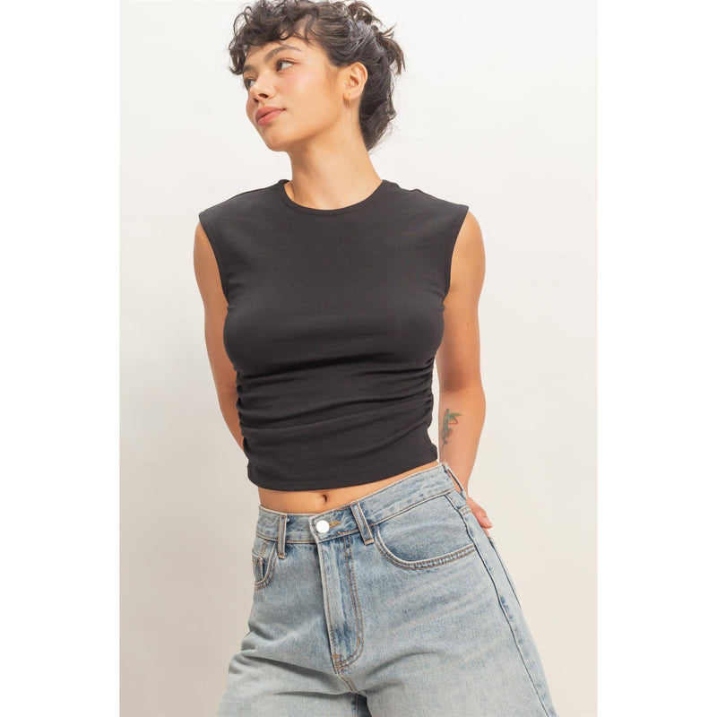 HYFYVE Ruched Waist Cap Sleeve Top