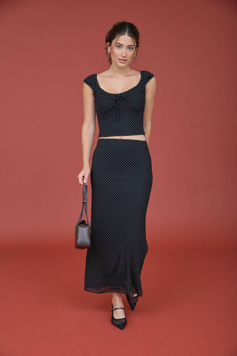 The Workshop POLKA DOT FRONT TIE AND RUCHING DETAIL KNIT TOP