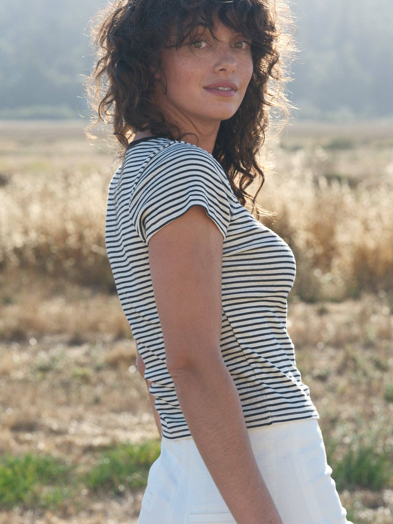 Mollusk Scoop Ribsy Tee in Black & White Stripe
