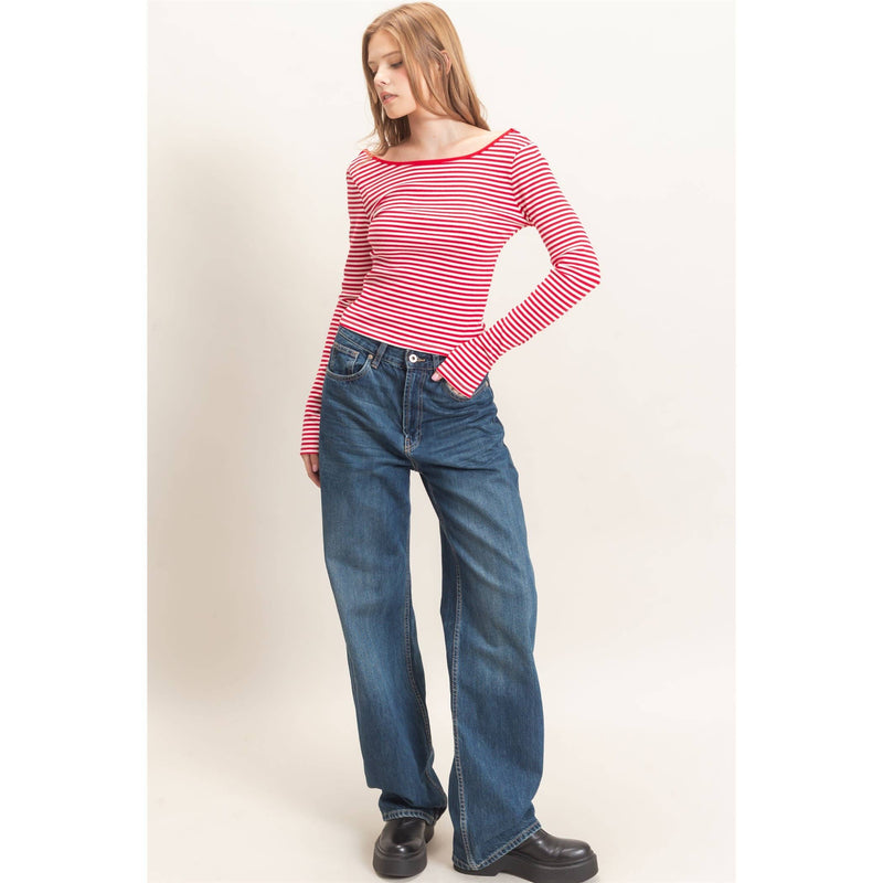 HYFVE Striped Boat Neck Long Sleeve Top